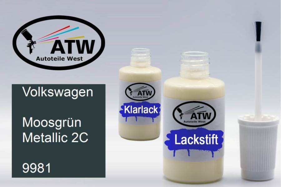 Volkswagen, Moosgrün Metallic 2C, 9981: 20ml Lackstift + 20ml Klarlack - Set, von ATW Autoteile West.